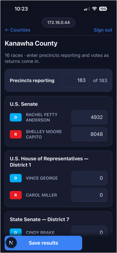 DecisionCast mobile county data-entry screen for Kanawha County, showing precincts reporting and vote inputs per race.